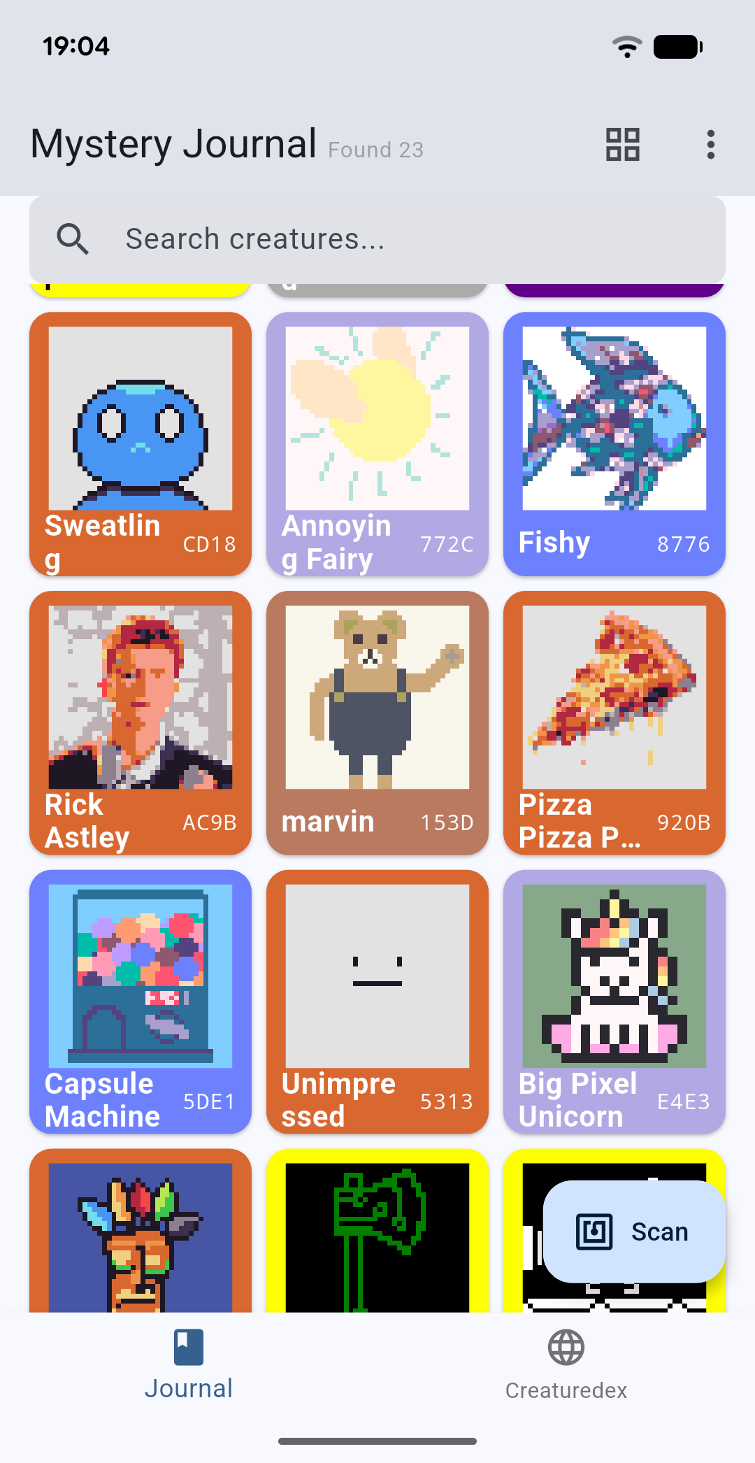 Screenshot der Mystery Journal App mit verschiedenen Kreaturen
